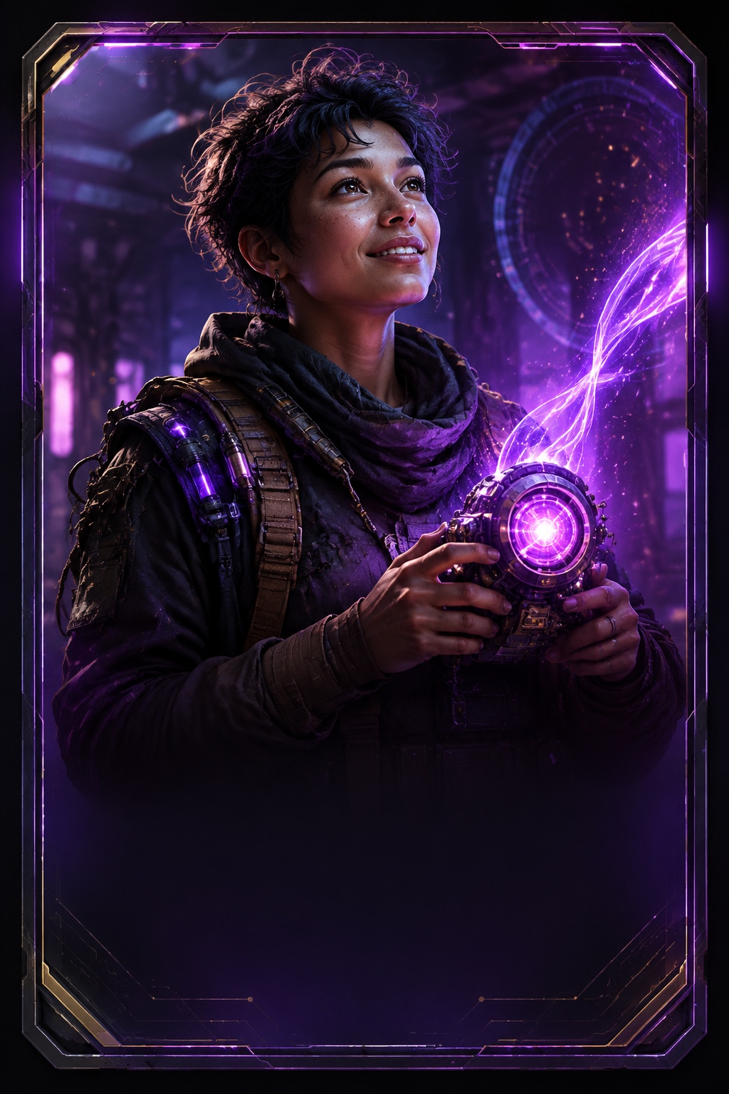Original magenta science-fiction trading card artwork for crowdfunding creators
