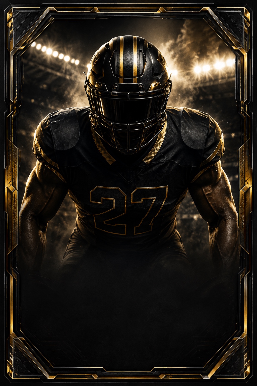Original black and gold football trading card artwork for sports memorabilia