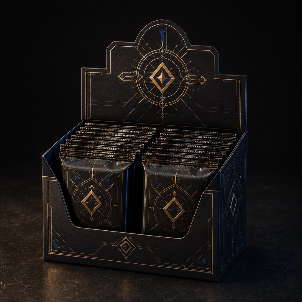 Open countertop display box filled with collectible booster packs