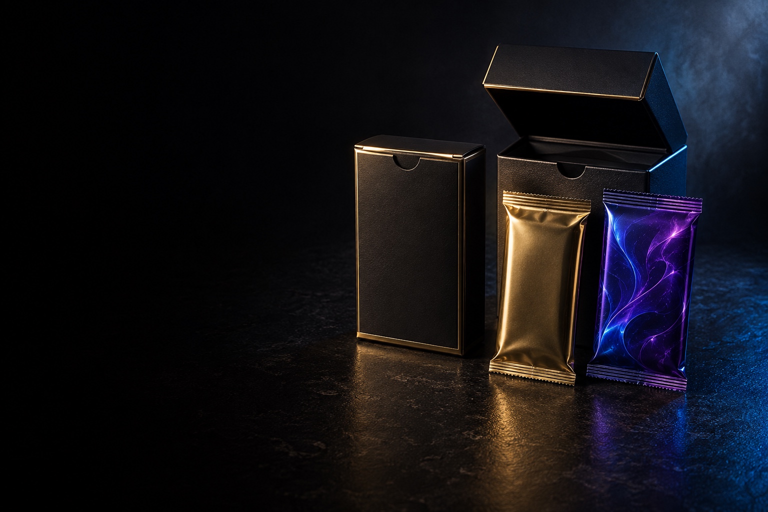 Premium custom trading card boxes and foil packs arranged on a dark studio table