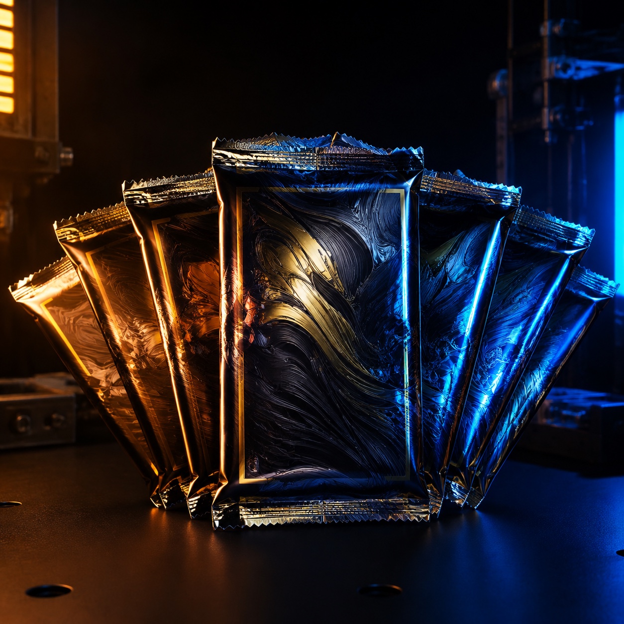 Fan of sealed black foil collectible card packages