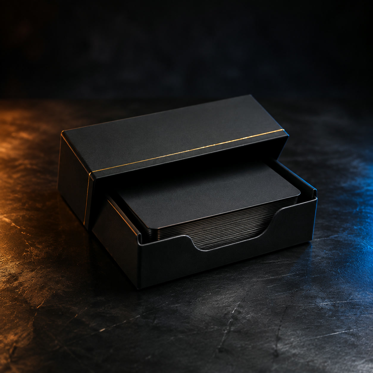 Open matte-black tuck box holding a finished trading card deck