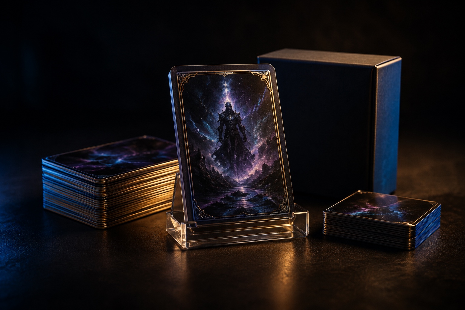 Premium creator card, finished card stacks, and a deck box prepared for a pilot production run