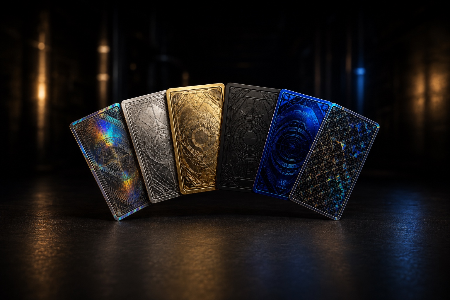 Fan of premium trading cards demonstrating multiple specialty finishes