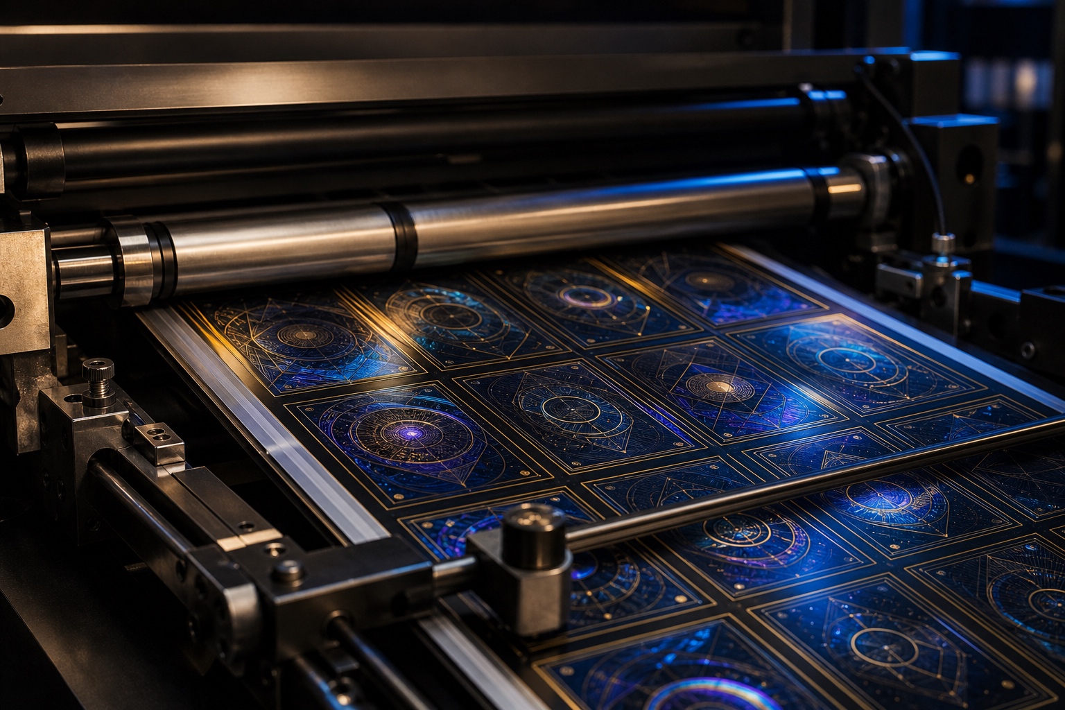 Modern domestic trading card press producing a premium printed sheet